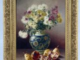 painting of flowers in a vase with pomegranates and pomegranates on a table