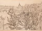 dessin représentant une vue d'une ville avec un pont enjambant une rivière