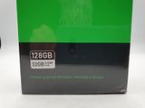 a green box with a black and white label on it