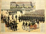 une vieille photo d'un défilé militaire avec une calèche