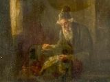 tableau représentant un vieil homme assis sur une chaise en train de lire un livre