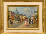 tableau représentant une scène de rue en ville avec des passants marchant et tenant des parapluies