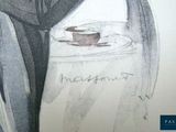 a drawing of a woman sitting at a table with a cup of coffee