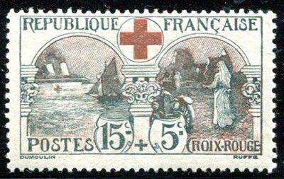 a stamp with a red cross on it on a black background