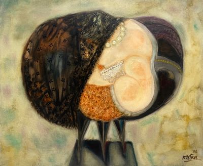 une peinture à l'huile représentant une femme portant un chapeau et des perles sur la tête
