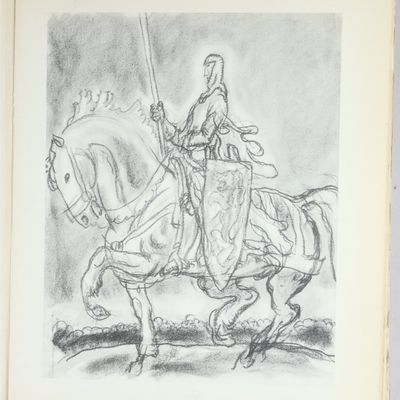 drawing of a man riding a horse with a sword in his hand