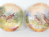 deux assiettes avec des oiseaux peints dessus, posées sur une table
