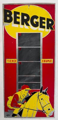 une image représentant un panneau rouge et jaune sur lequel figurent un cheval et un cavalier