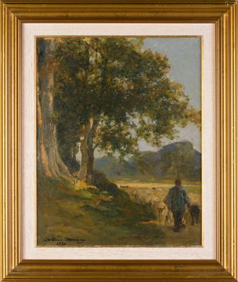 une image représentant un tableau où l'on voit un homme et un chien près d'un arbre