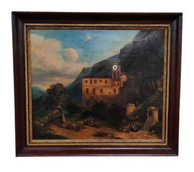 une vieille peinture représentant un bâtiment sur lequel figure une horloge