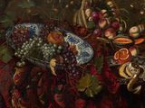 painting of a still life of fruit and flowers on a table