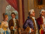 painting of a group of people standing in a room with red curtains
