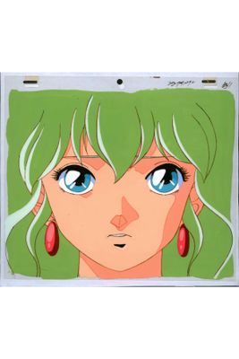 anime girl with green hair and blue eyes in front of a green background