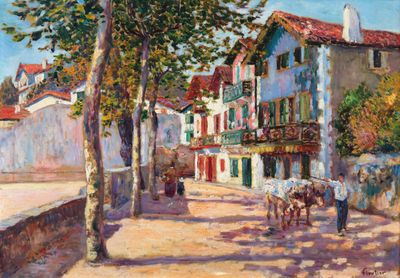 painting of a street scene with a horse drawn carriage on the side of the road