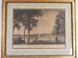 a framed picture of a landscape with trees and a man on a horse