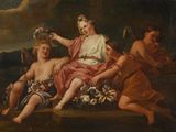 tableau représentant un groupe d'enfants assis sur un rebord, entourés de fleurs