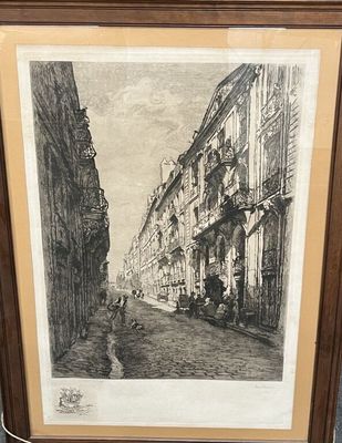 un dessin représentant une scène de rue avec des bâtiments et une calèche