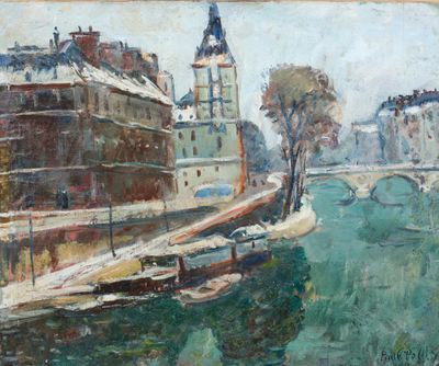 painting of a painting of a river with a bridge and buildings in the background