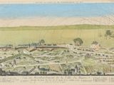 an old map of a town with a lot of buildings