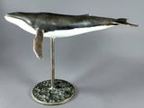 statue of a humpback whale sitting on a rock base