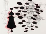 an image of a black and white drawing of a woman in a black dress