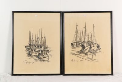 lot de deux dessins encadrés représentant des bateaux sur un fond blanc