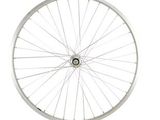 la roue avant d'un vélo avec ses rayons, sur fond blanc