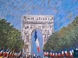 painting of the arc de trioe triumph in paris with french flags in the foreground