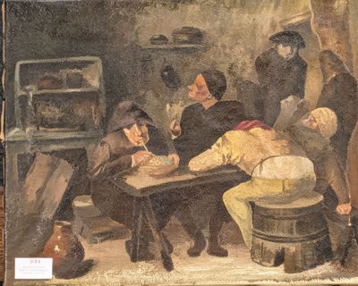 a painting of a group of people playing a game of checkers