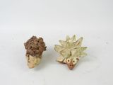 two small ceramic hedgehogs sitting next to each other on a white surface