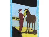 a painting of a man standing next to a horse