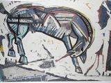 peinture abstraite représentant un cheval, avec un homme et une femme en arrière-plan