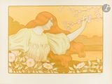 tableau représentant une femme aux longs cheveux roux tenant des fleurs à la main