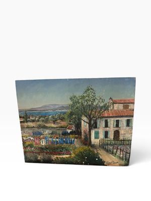 a painting of a house with a garden in front of it