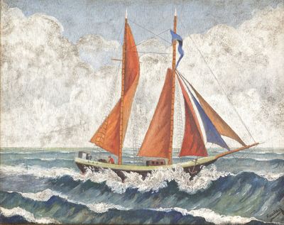une peinture à l'huile représentant un voilier au milieu d'une vaste étendue d'eau