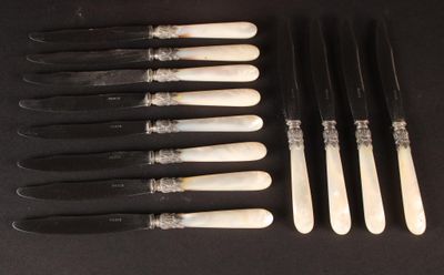 Dans un écrin. Douze petits couteaux à manches en nacre, lam…