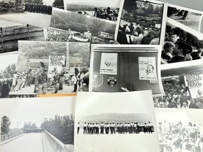 several old black and white photos of people on a bridge