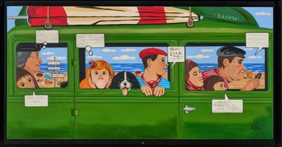 tableau représentant un groupe de personnes à bord d'un bus vert sur le toit duquel est posée une planche de surf