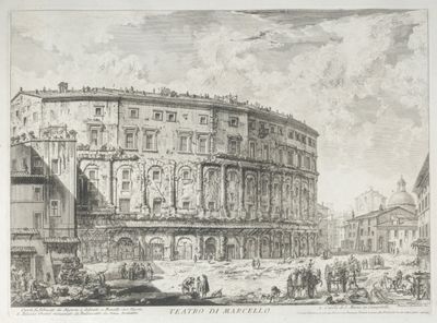 an old drawing of a large building with people walking around it