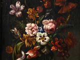 painting of a still life of flowers in a vase on a ledge
