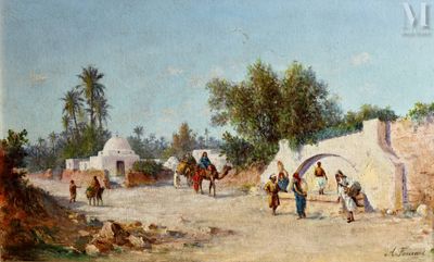 un tableau représentant un groupe de personnes à cheval sur un chemin de terre