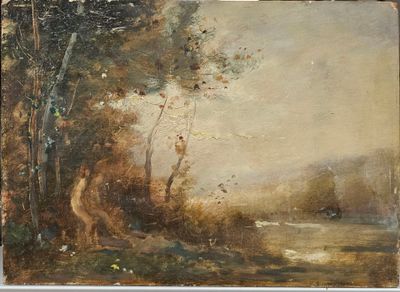 une image représentant un tableau représentant un paysage boisé avec une rivière au premier plan
