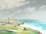 une peinture représentant une peinture d'un phare sur la plage