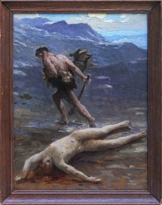 une image représentant un tableau où l'on voit un homme tenant un bâton à côté d'un animal mort