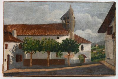 une peinture à l'huile représentant un bâtiment surmonté d'une tour horloge