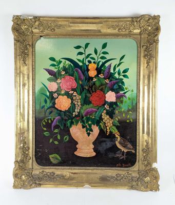un tableau représentant un vase contenant des fleurs et des oiseaux