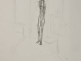 pencil drawing of a woman standing in a room with a door open