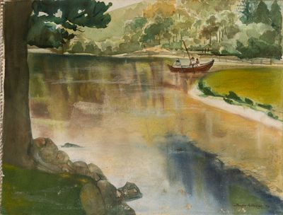une aquarelle représentant un bateau sur une rivière