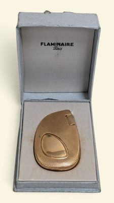 a small gold object in a box on a white surface