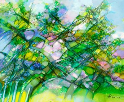 peinture abstraite représentant des fleurs dans un vase posé sur une table